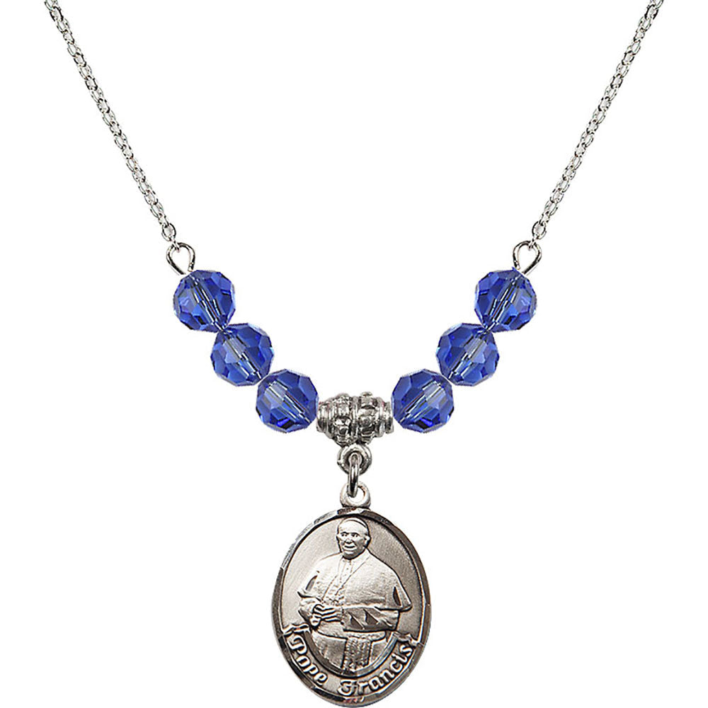 Sterling Silver Pope Francis Birthstone Necklace with Sapphire Beads - 8451