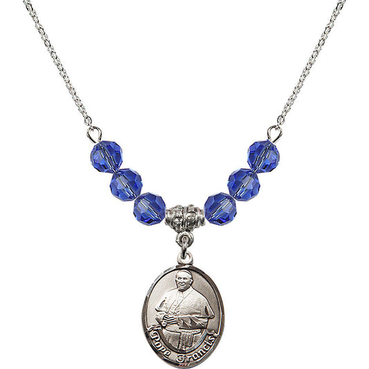 Sterling Silver Pope Francis Birthstone Necklace with Sapphire Beads - 8451