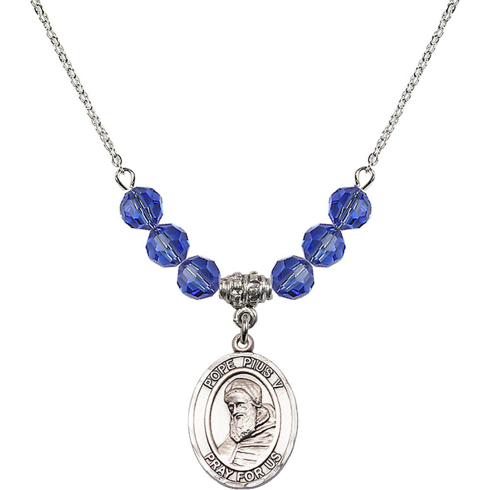 Sterling Silver Saint Pius V Birthstone Necklace with Sapphire Beads - 8452
