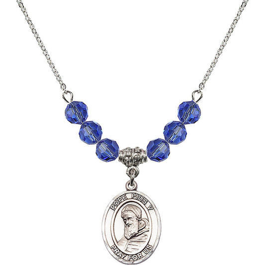 Sterling Silver Saint Pius V Birthstone Necklace with Sapphire Beads - 8452