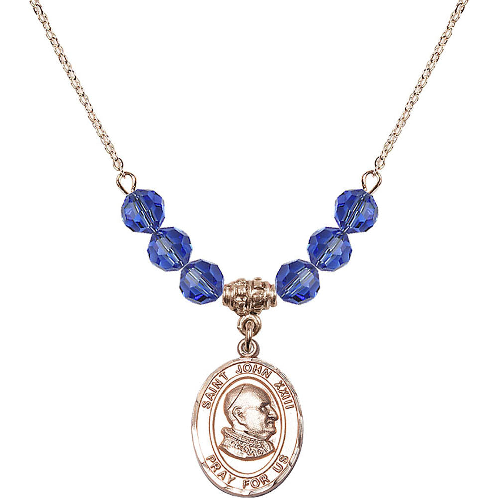 14kt Gold Filled Saint John XXIII Birthstone Necklace with Sapphire Beads - 8455