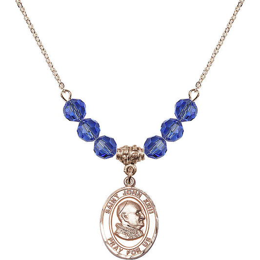 14kt Gold Filled Saint John XXIII Birthstone Necklace with Sapphire Beads - 8455