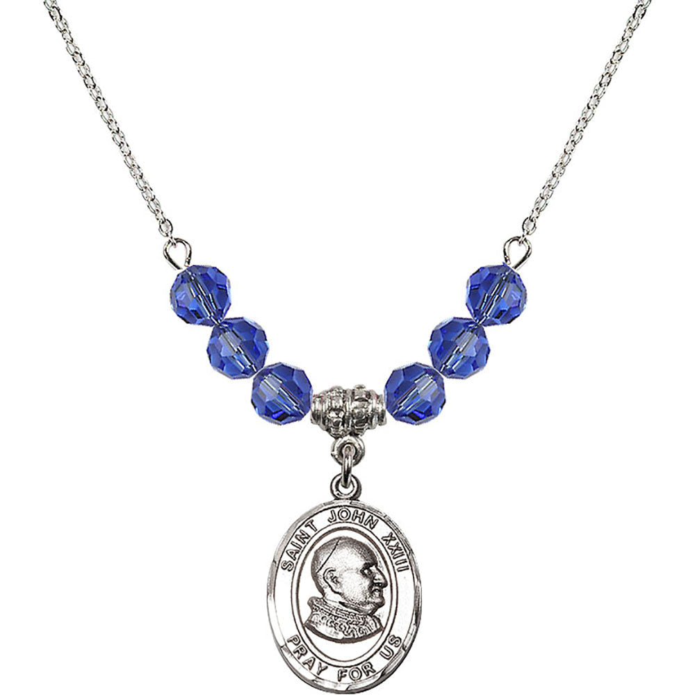 Sterling Silver Saint John XXIII Birthstone Necklace with Sapphire Beads - 8455
