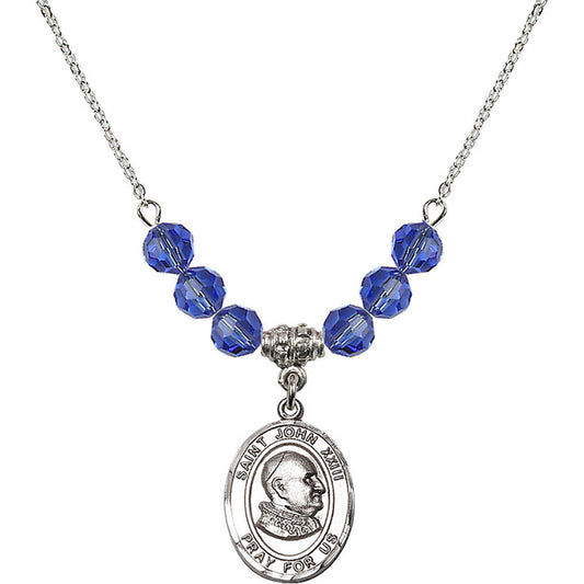 Sterling Silver Saint John XXIII Birthstone Necklace with Sapphire Beads - 8455