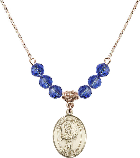 14kt Gold Filled Saint Christopher/Baseball Birthstone Necklace with Sapphire Beads - 8500