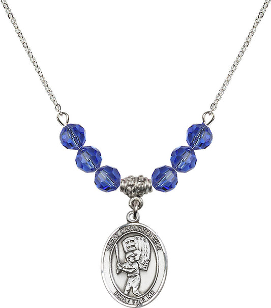 Sterling Silver Saint Christopher/Baseball Birthstone Necklace with Sapphire Beads - 8500