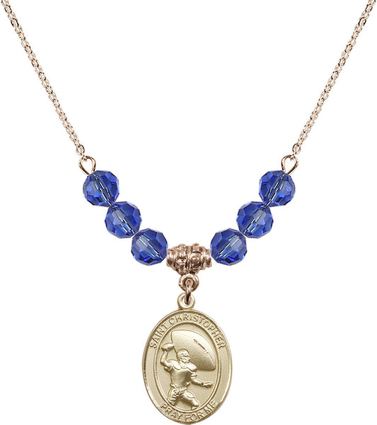 14kt Gold Filled Saint Christopher / Football Birthstone Necklace with Sapphire Beads - 8501