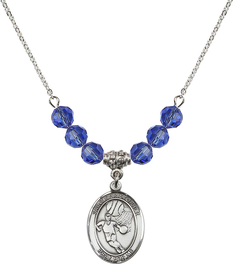 Sterling Silver Saint Christopher/Basketball Birthstone Necklace with Sapphire Beads - 8502