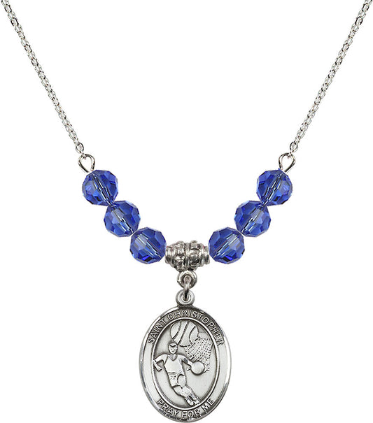 Sterling Silver Saint Christopher/Basketball Birthstone Necklace with Sapphire Beads - 8502