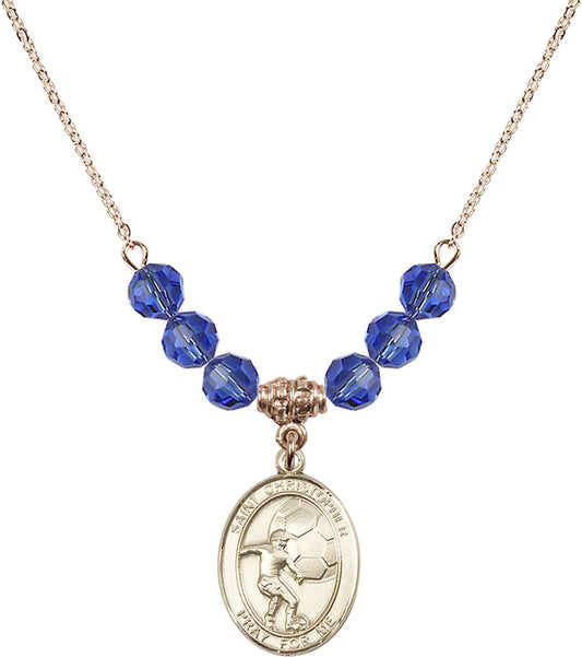 14kt Gold Filled Saint Christopher/Soccer Birthstone Necklace with Sapphire Beads - 8503