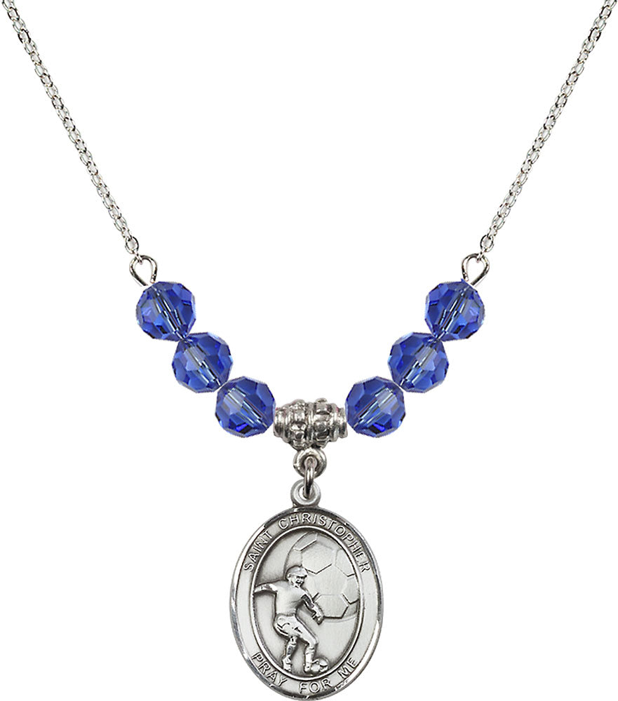 Sterling Silver Saint Christopher/Soccer Birthstone Necklace with Sapphire Beads - 8503