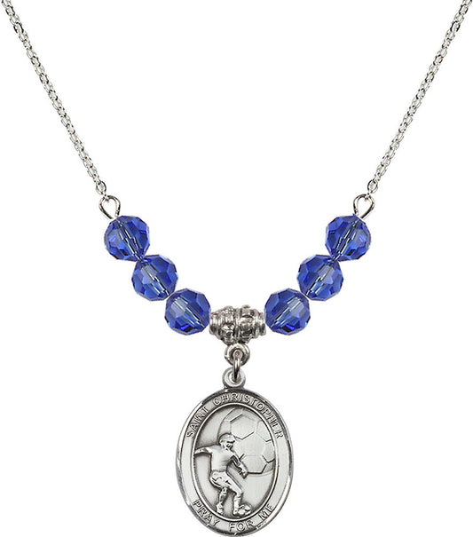 Sterling Silver Saint Christopher/Soccer Birthstone Necklace with Sapphire Beads - 8503