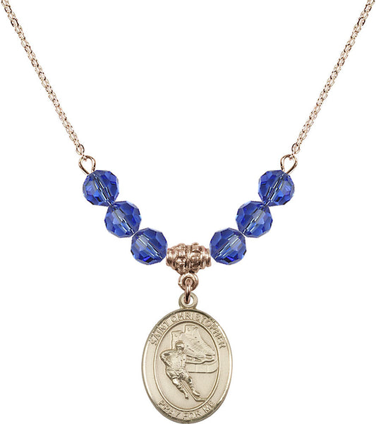 14kt Gold Filled Saint Christopher/Hockey Birthstone Necklace with Sapphire Beads - 8504