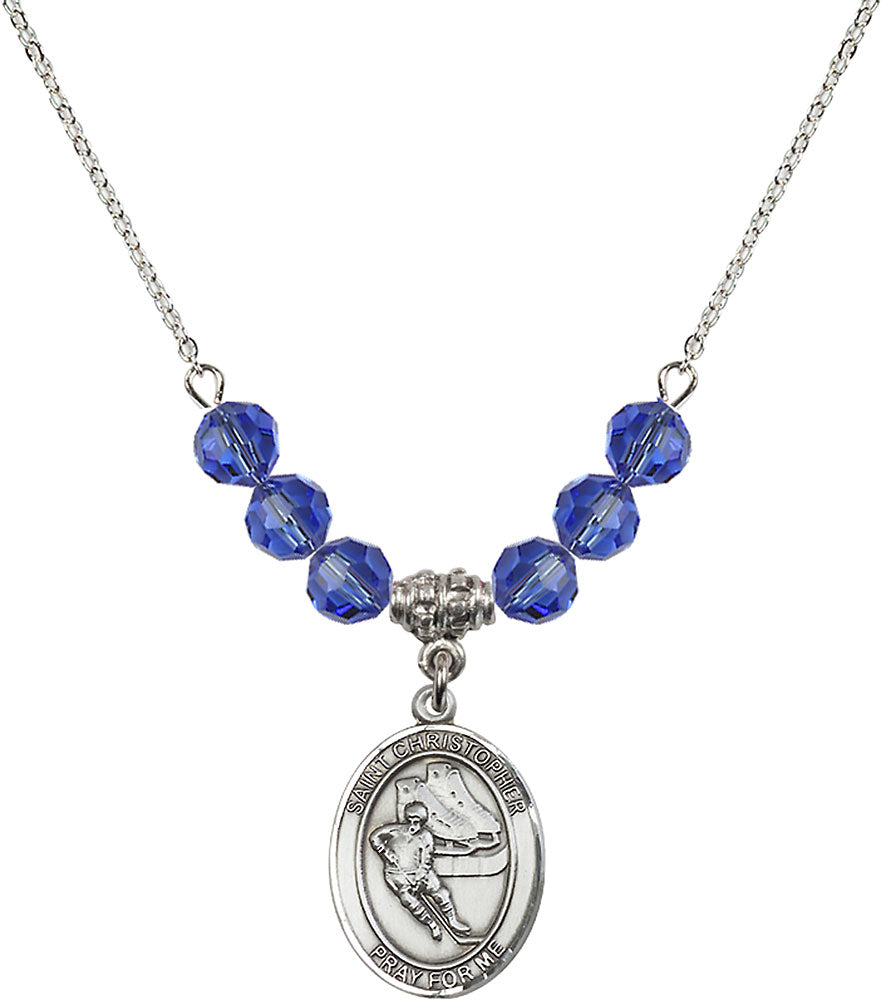 Sterling Silver Saint Christopher/Hockey Birthstone Necklace with Sapphire Beads - 8504