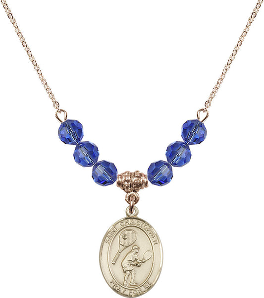 14kt Gold Filled Saint Christopher/Tennis Birthstone Necklace with Sapphire Beads - 8505