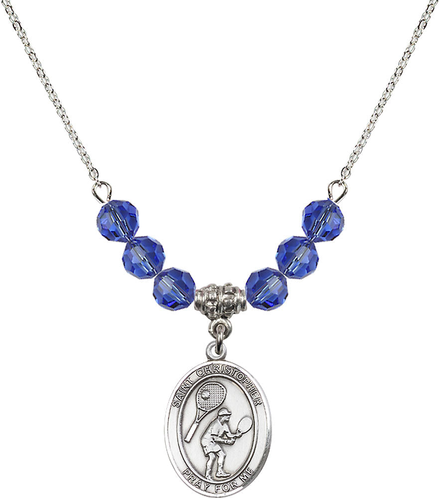 Sterling Silver Saint Christopher/Tennis Birthstone Necklace with Sapphire Beads - 8505