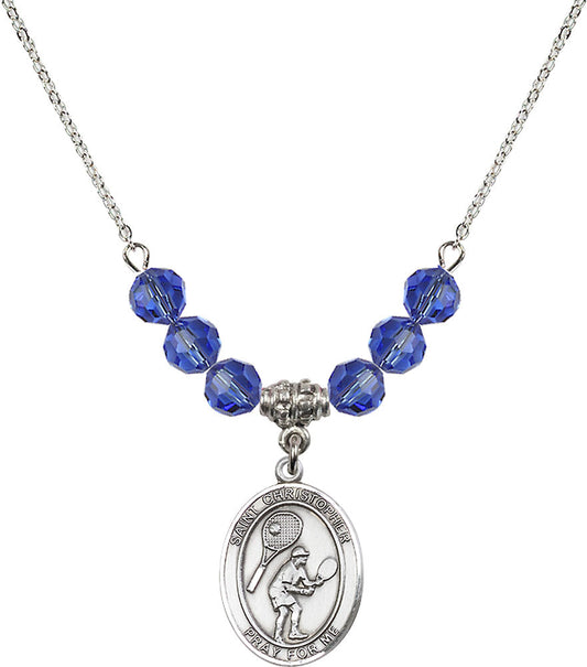 Sterling Silver Saint Christopher/Tennis Birthstone Necklace with Sapphire Beads - 8505