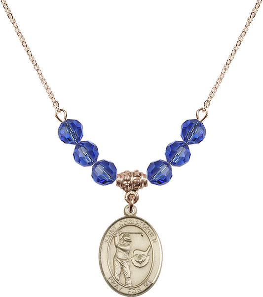 14kt Gold Filled Saint Christopher/Golf Birthstone Necklace with Sapphire Beads - 8506
