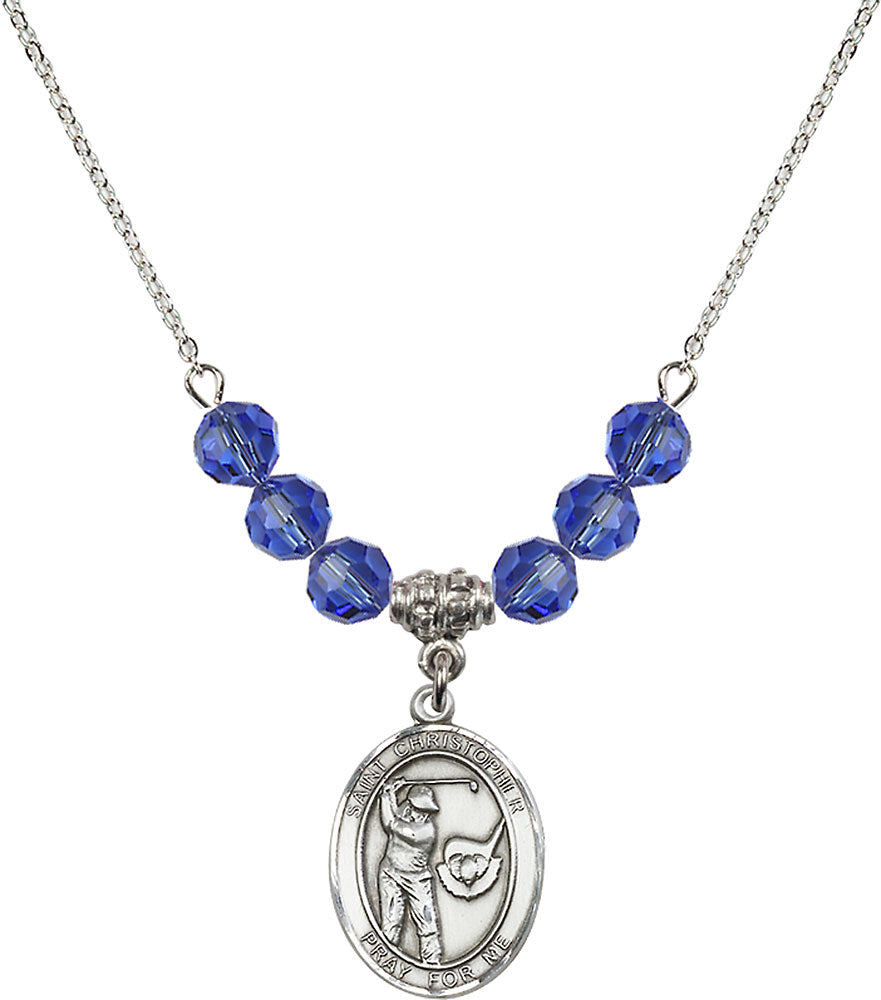 Sterling Silver Saint Christopher/Golf Birthstone Necklace with Sapphire Beads - 8506
