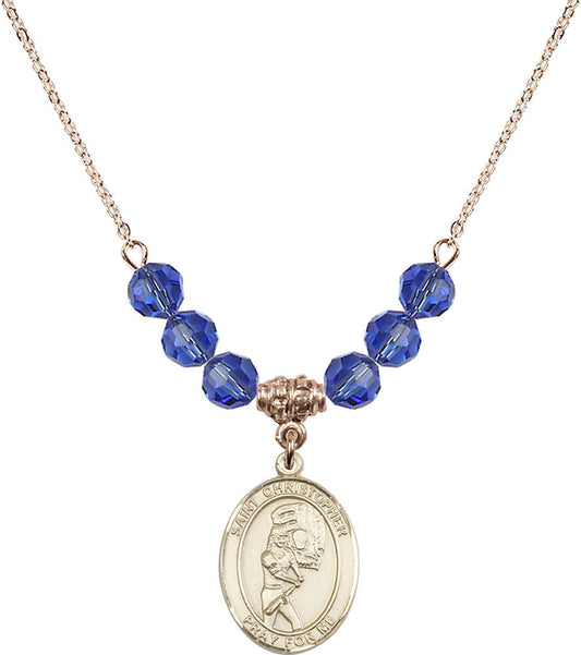 14kt Gold Filled Saint Christopher/Softball Birthstone Necklace with Sapphire Beads - 8507