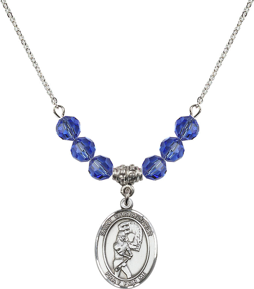Sterling Silver Saint Christopher/Softball Birthstone Necklace with Sapphire Beads - 8507