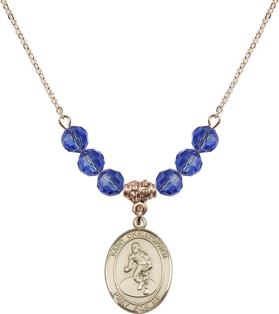 14kt Gold Filled Saint Christopher/Wrestling Birthstone Necklace with Sapphire Beads - 8508