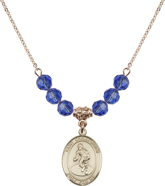 14kt Gold Filled Saint Christopher/Wrestling Birthstone Necklace with Sapphire Beads - 8508