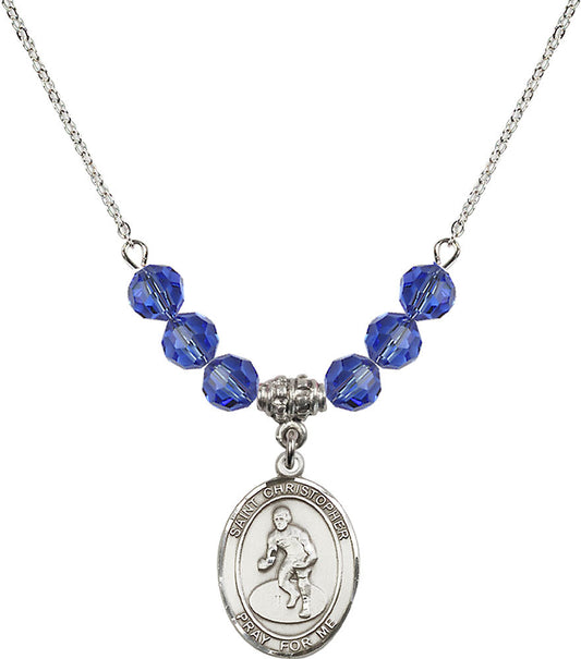 Sterling Silver Saint Christopher/Wrestling Birthstone Necklace with Sapphire Beads - 8508