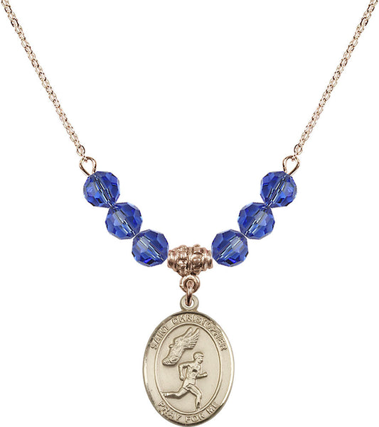 14kt Gold Filled Saint Christopher/Track&Field-Men Birthstone Necklace with Sapphire Beads - 8509