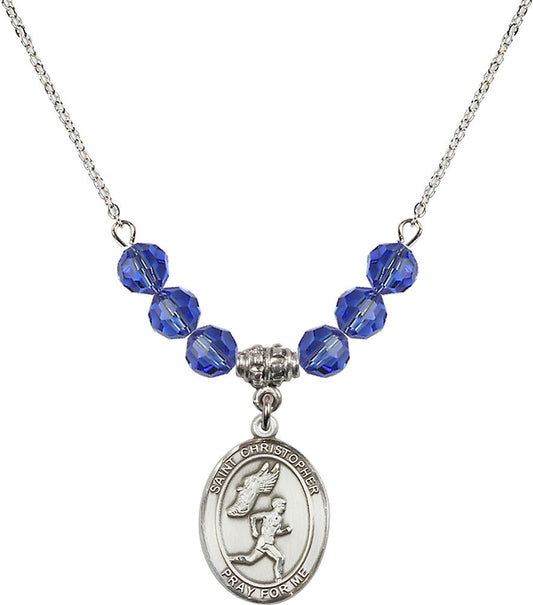 Sterling Silver Saint Christopher/Track&Field-Men Birthstone Necklace with Sapphire Beads - 8509