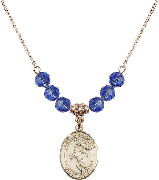 14kt Gold Filled Saint Christopher/Track&Field-Women Birthstone Necklace with Sapphire Beads - 8510