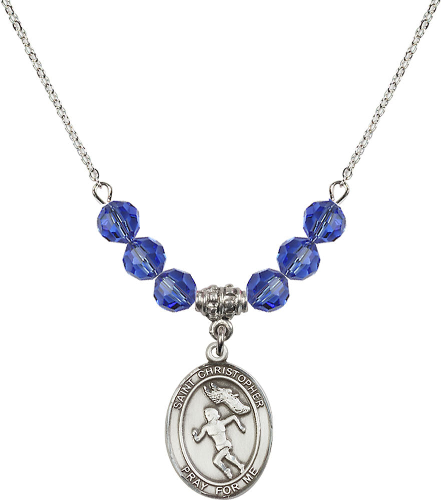 Sterling Silver Saint Christopher/Track&Field-Women Birthstone Necklace with Sapphire Beads - 8510