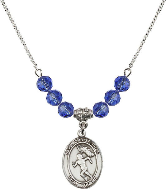 Sterling Silver Saint Christopher/Track&Field-Women Birthstone Necklace with Sapphire Beads - 8510