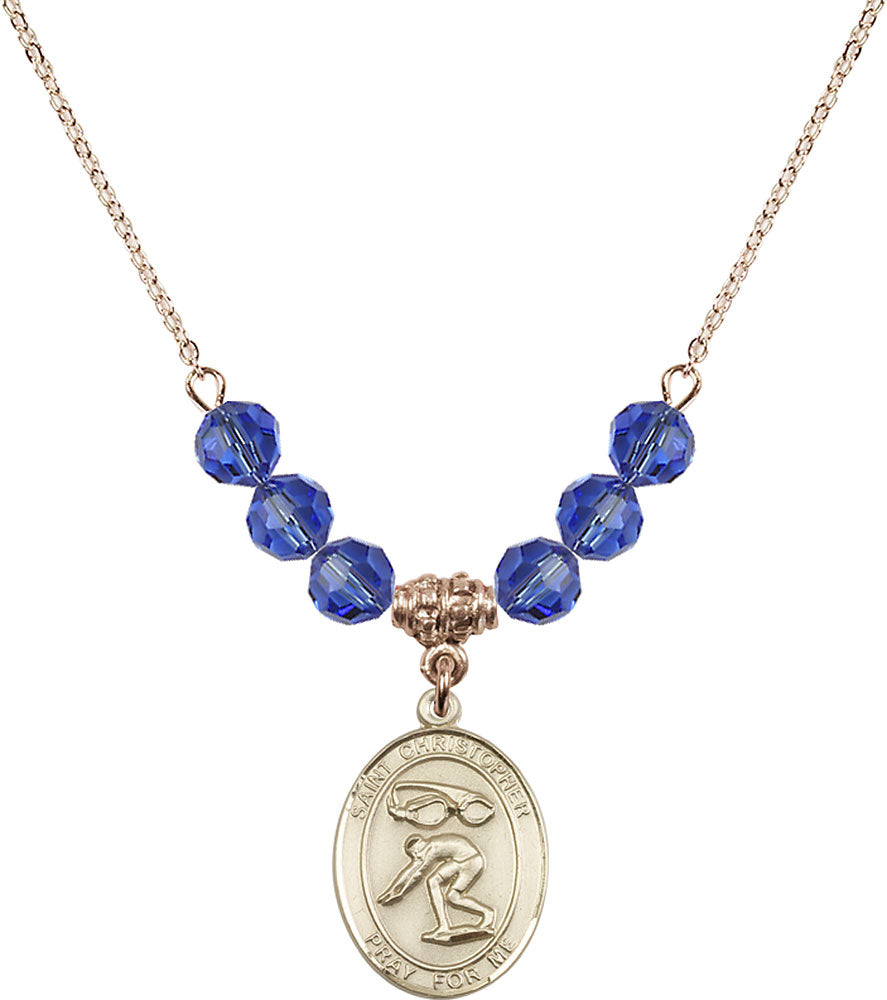 14kt Gold Filled Saint Christopher/Swimming Birthstone Necklace with Sapphire Beads - 8511