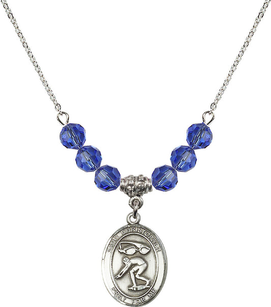 Sterling Silver Saint Christopher/Swimming Birthstone Necklace with Sapphire Beads - 8511