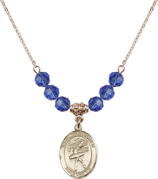 14kt Gold Filled Saint Christopher/Dance Birthstone Necklace with Sapphire Beads - 8512