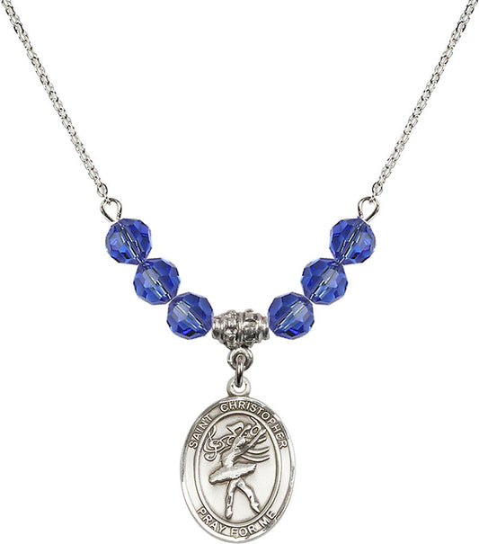 Sterling Silver Saint Christopher/Dance Birthstone Necklace with Sapphire Beads - 8512