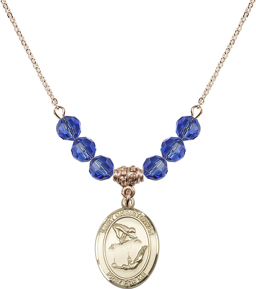 14kt Gold Filled Saint Christopher/Gymnastics Birthstone Necklace with Sapphire Beads - 8513