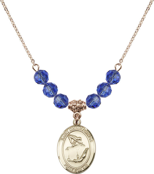 14kt Gold Filled Saint Christopher/Gymnastics Birthstone Necklace with Sapphire Beads - 8513