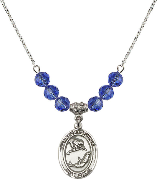 Sterling Silver Saint Christopher/Gymnastics Birthstone Necklace with Sapphire Beads - 8513