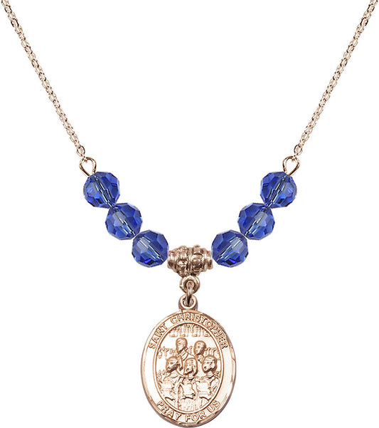 14kt Gold Filled Saint Christopher / Choir Birthstone Necklace with Sapphire Beads - 8514