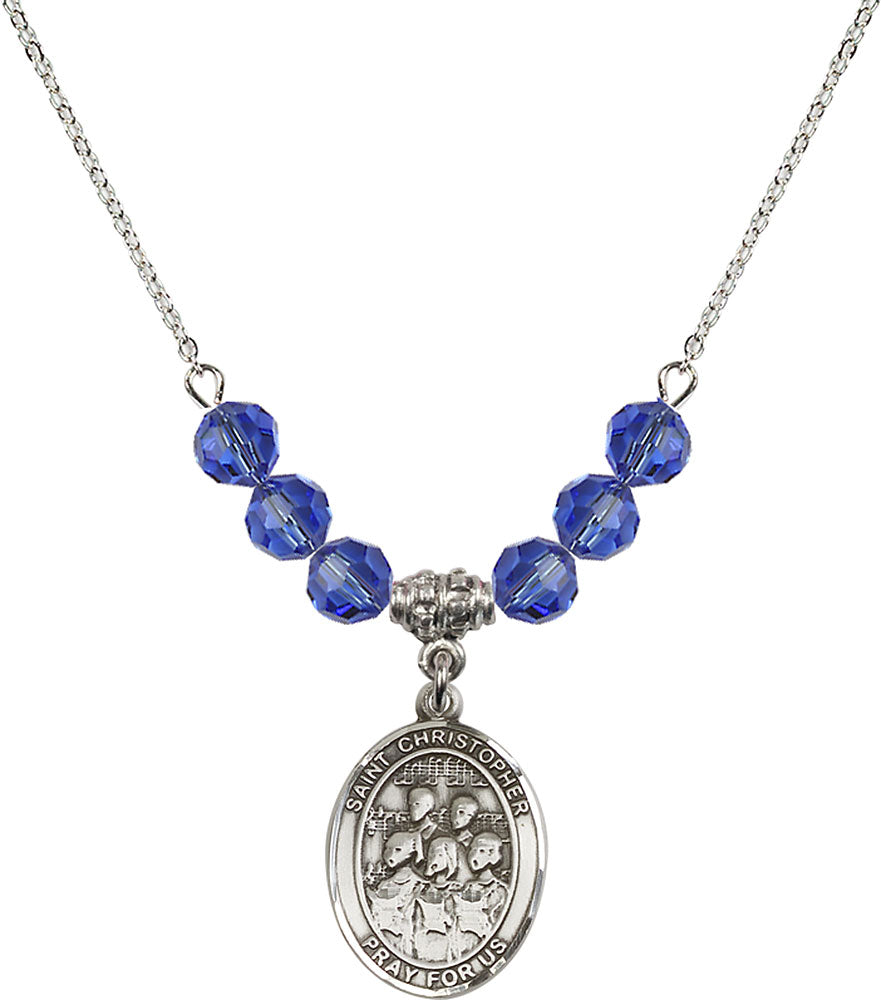 Sterling Silver Saint Christopher / Choir Birthstone Necklace with Sapphire Beads - 8514