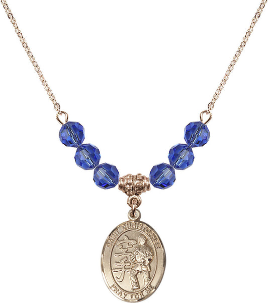 14kt Gold Filled Saint Christopher / Karate Birthstone Necklace with Sapphire Beads - 8515
