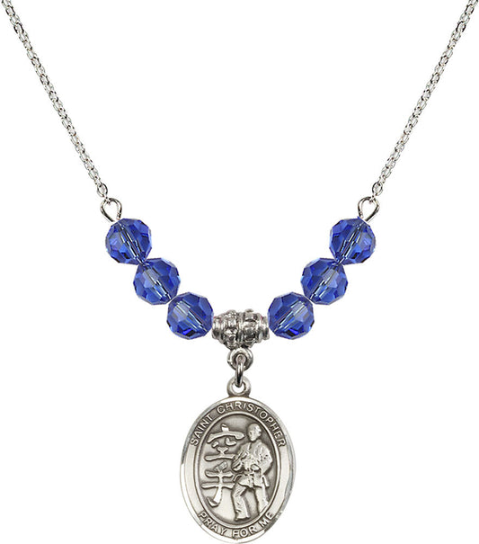 Sterling Silver Saint Christopher / Karate Birthstone Necklace with Sapphire Beads - 8515