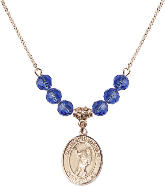 14kt Gold Filled Saint Christopher/Lacrosse Birthstone Necklace with Sapphire Beads - 8516