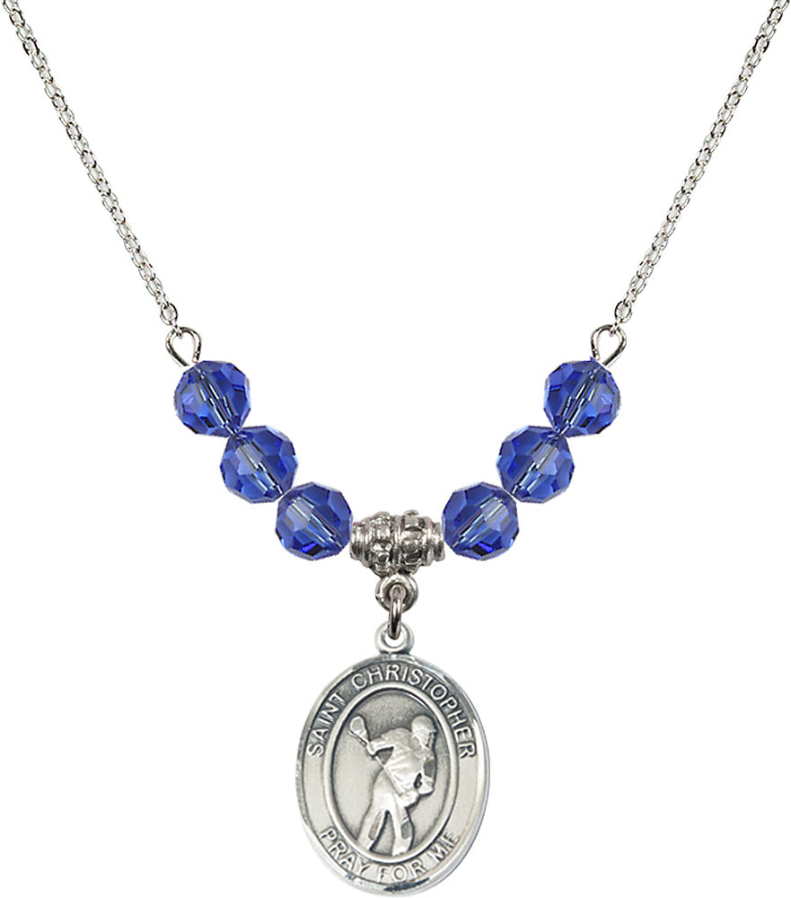 Sterling Silver Saint Christopher/Lacrosse Birthstone Necklace with Sapphire Beads - 8516