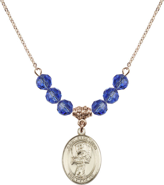 14kt Gold Filled Saint Sebastian / Baseball Birthstone Necklace with Sapphire Beads - 8600