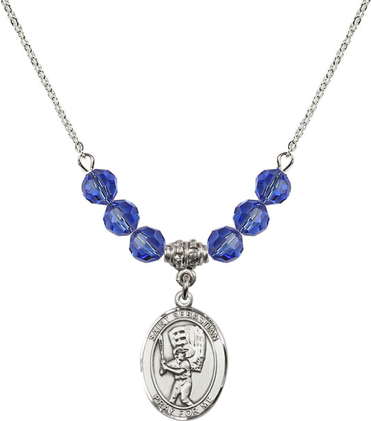 Sterling Silver Saint Sebastian / Baseball Birthstone Necklace with Sapphire Beads - 8600