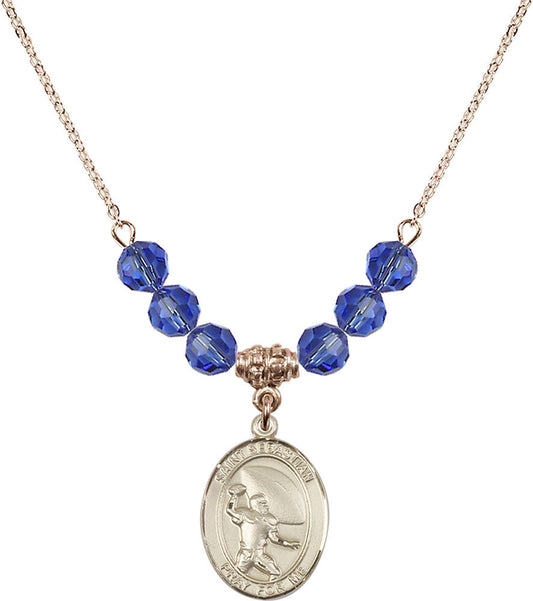 14kt Gold Filled Saint Sebastian / Football Birthstone Necklace with Sapphire Beads - 8601