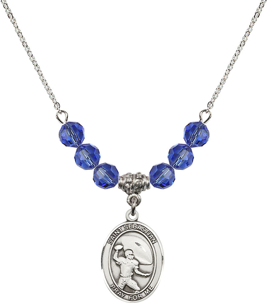 Sterling Silver Saint Sebastian / Football Birthstone Necklace with Sapphire Beads - 8601